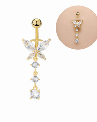 G23 Titanium Barbell Navel Piercing with Cute Crystal CZ Butterfly and Droplets