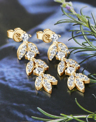 Quality Moissanite and CZ Drop Earrings, Leaf-Shape, 925 Sterling Silver with Gold Plated Option