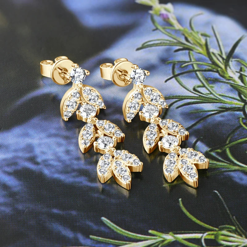 Quality Moissanite and CZ Drop Earrings, Leaf-Shape, 925 Sterling Silver with Gold Plated Option