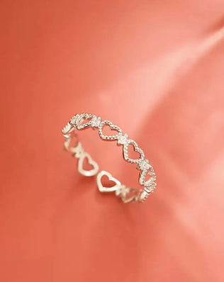925 Sterling Silver Ring, Band with Sweet Cut-Out Hearts, Stackable and Adjustable