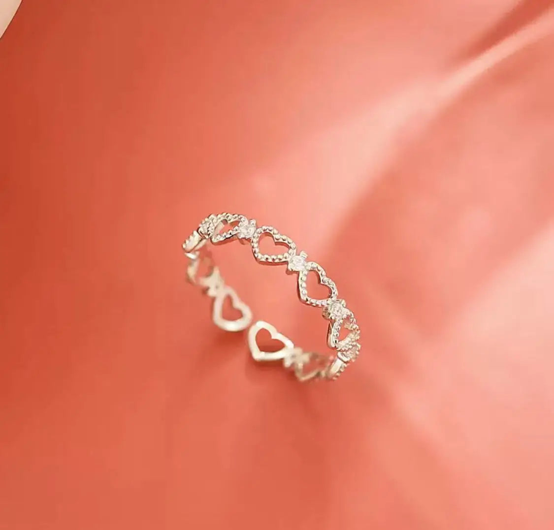 925 Sterling Silver Ring, Band with Sweet Cut-Out Hearts, Stackable and Adjustable