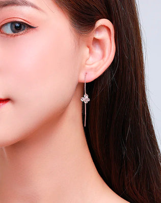 Cute 925 Sterling Silver Rose Gold Color CZ Butterfly Theader Through Chain Tassels Drop Dangle Earrings For Women Girls Jewelry