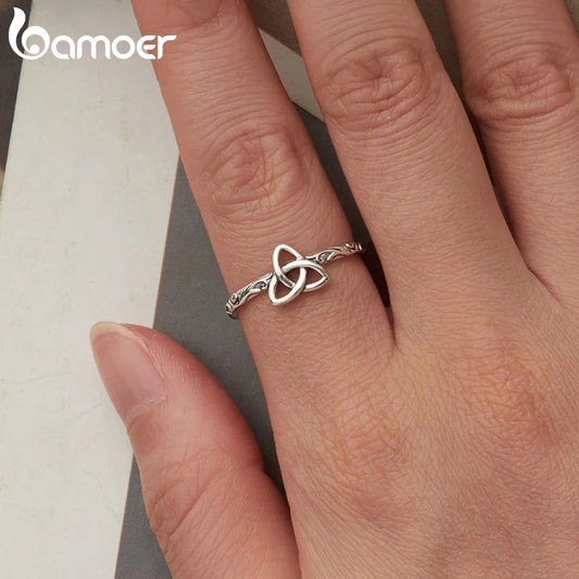 BAMOER 925 Sterling Silver Adjustable Ring, With Celtic Knot and Embossed Design on the Band