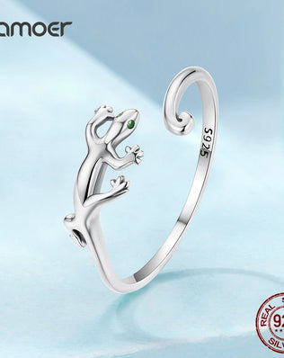 BAMOER 925 Sterling Silver Gecko Lizard Open Ring, with Green Zircon Eyes