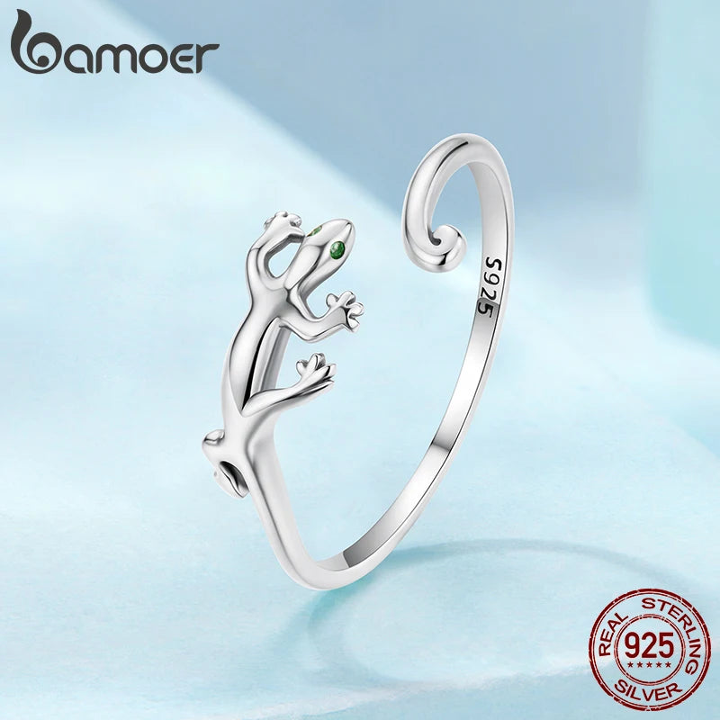 BAMOER 925 Sterling Silver Gecko Lizard Open Ring, with Green Zircon Eyes