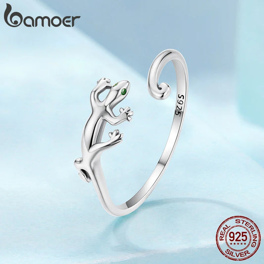 BAMOER 925 Sterling Silver Gecko Lizard Open Ring, with Green Zircon Eyes