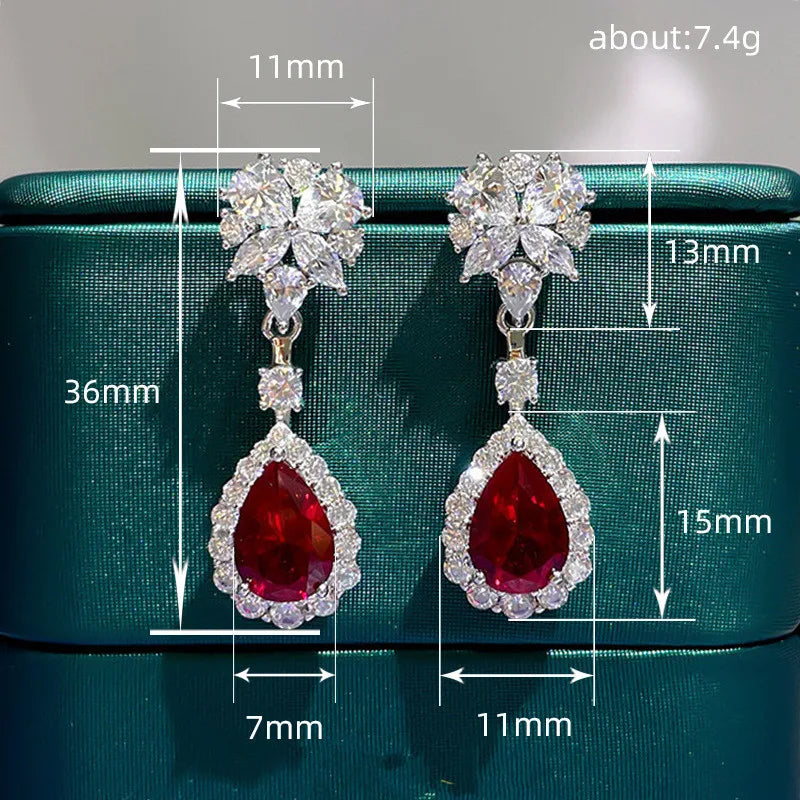 925 Silver Red Cubic Zirconia Hanging Earrings for Women Gorgeous Ear Accessories Wedding Party Aesthetic Earrings New Jewelry