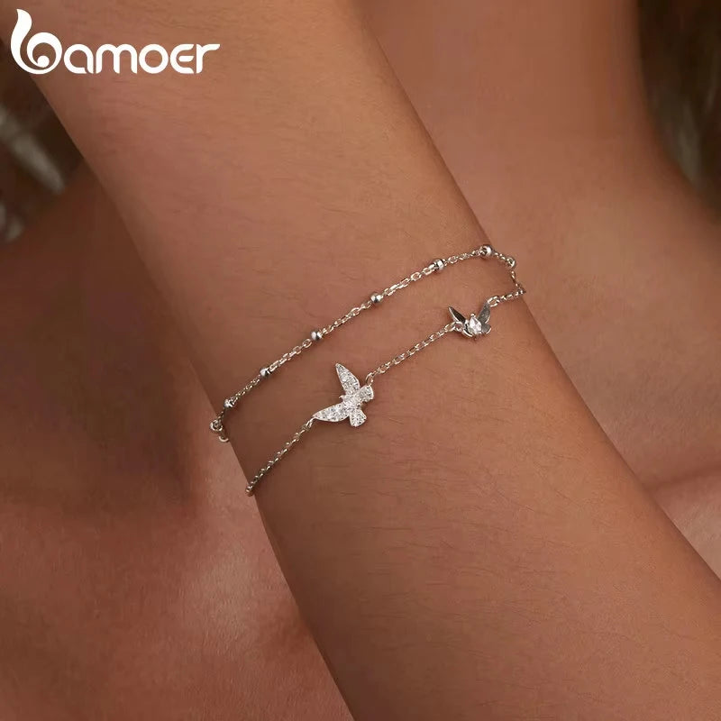 BAMOER Delicate 2 Strand Butterfly Bracelet, 925 Sterling Silver, Plated