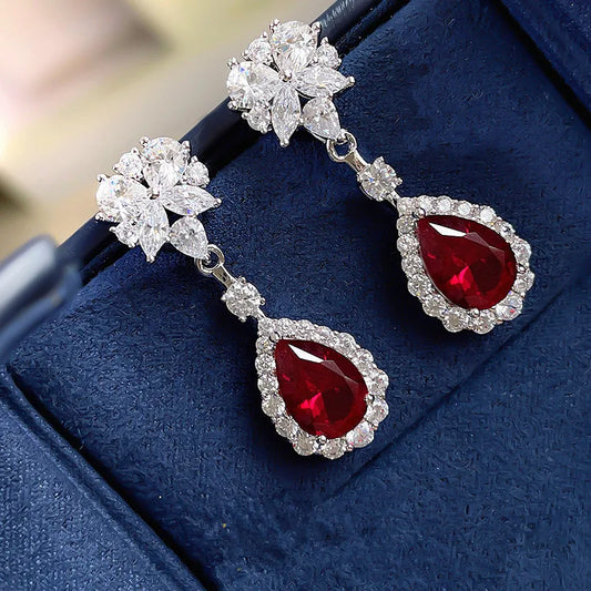 925 Silver Red Cubic Zirconia Hanging Earrings for Women Gorgeous Ear Accessories Wedding Party Aesthetic Earrings New Jewelry