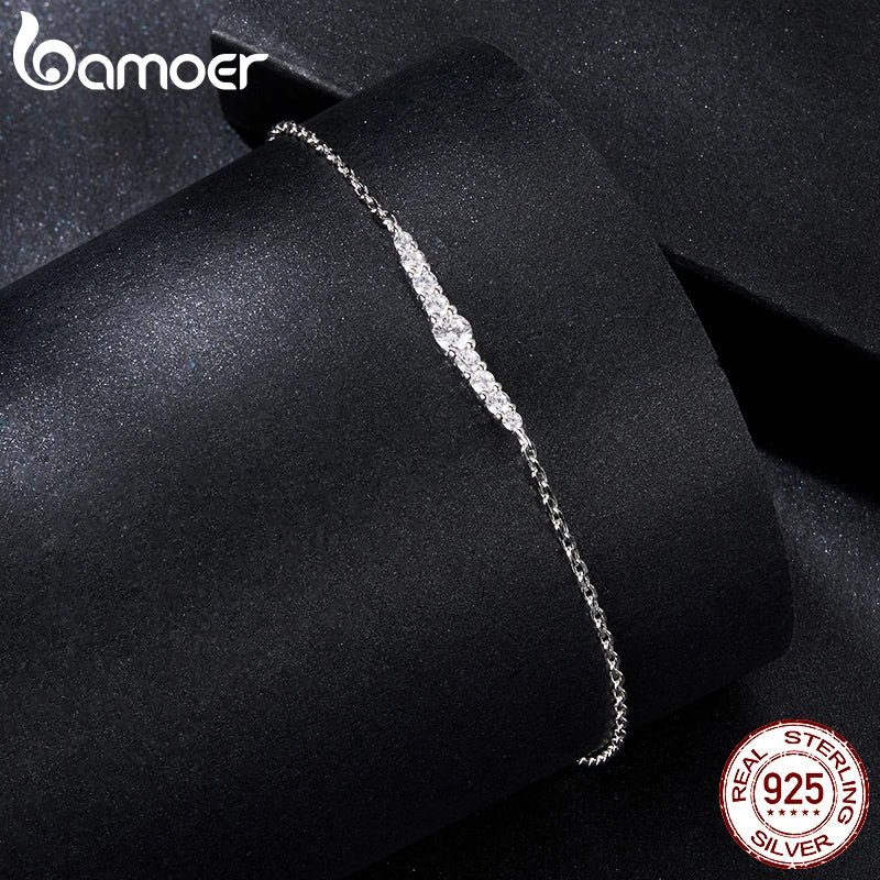 BAMOER - 7 Glittering Moissanite Diamonds Adorn this Sterling Silver Chain Bracelet, Plated with White Gold