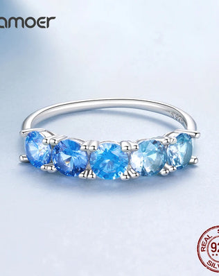 BAMOER 925 Sterling Silver Half Eternity Band, White Gold Plated, With Transparent Sea Blue Paved CZ
