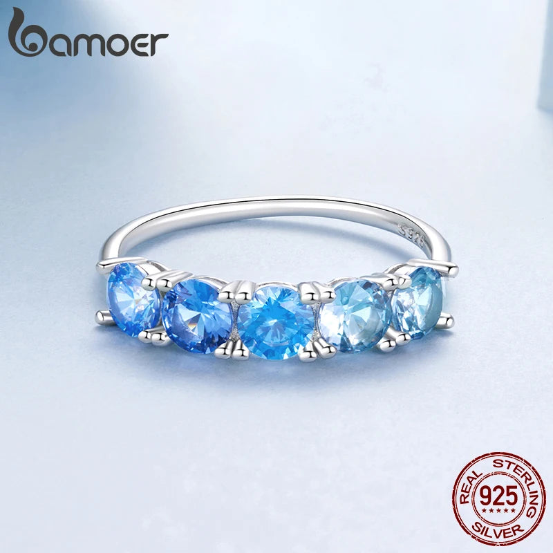 BAMOER 925 Sterling Silver Half Eternity Band, White Gold Plated, With Transparent Sea Blue Paved CZ