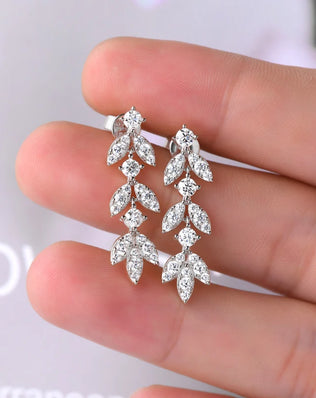 Quality Moissanite and CZ Drop Earrings, Leaf-Shape, 925 Sterling Silver with Gold Plated Option