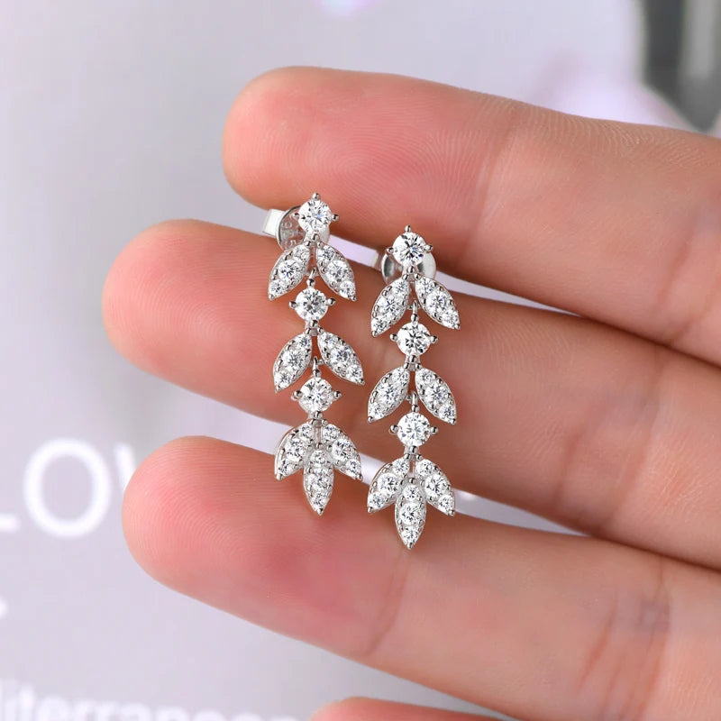 Quality Moissanite and CZ Drop Earrings, Leaf-Shape, 925 Sterling Silver with Gold Plated Option