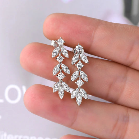 Quality Moissanite and CZ Drop Earrings, Leaf-Shape, 925 Sterling Silver with Gold Plated Option