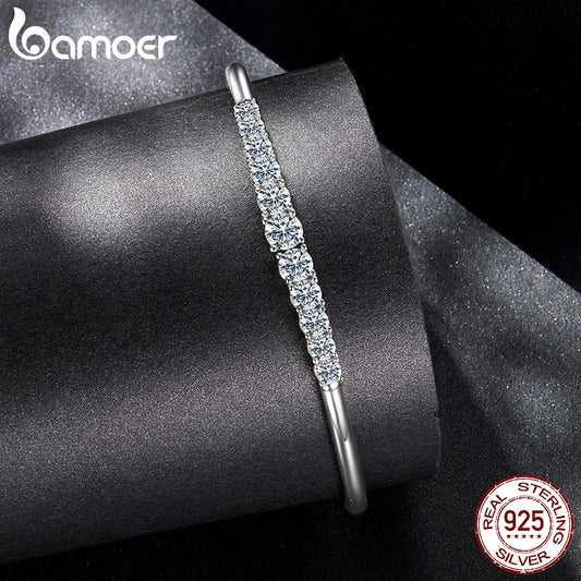 BAMOER 925 Sterling Silver Cuff Bangle, Plated with White Gold and Set with 3.6CTTW Moissanite Diamonds