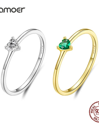 BAMOER Solid 925 Sterling Silver Mini Heart Ring, Gold Plated, With Pavé CZ, 2 Styles