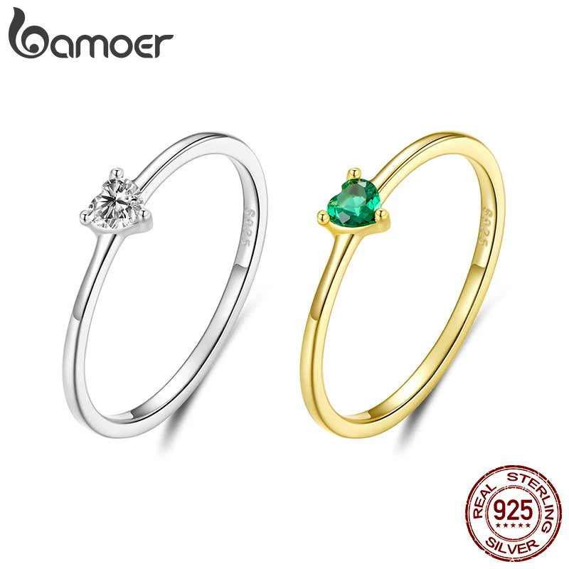 BAMOER Solid 925 Sterling Silver Mini Heart Ring, Gold Plated, With Pavé CZ, 2 Styles