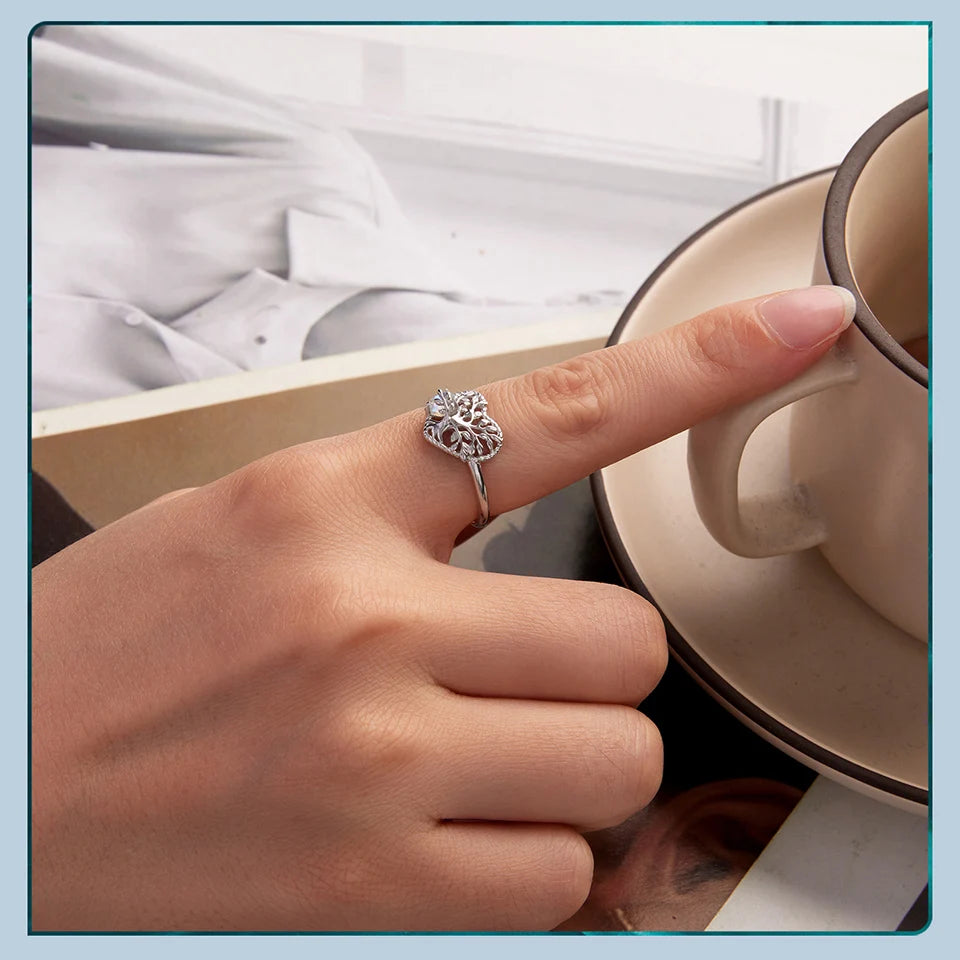 BAMOER 925 Filigree Heart-Shaped Tree of Life Open Ring, with Moonstone