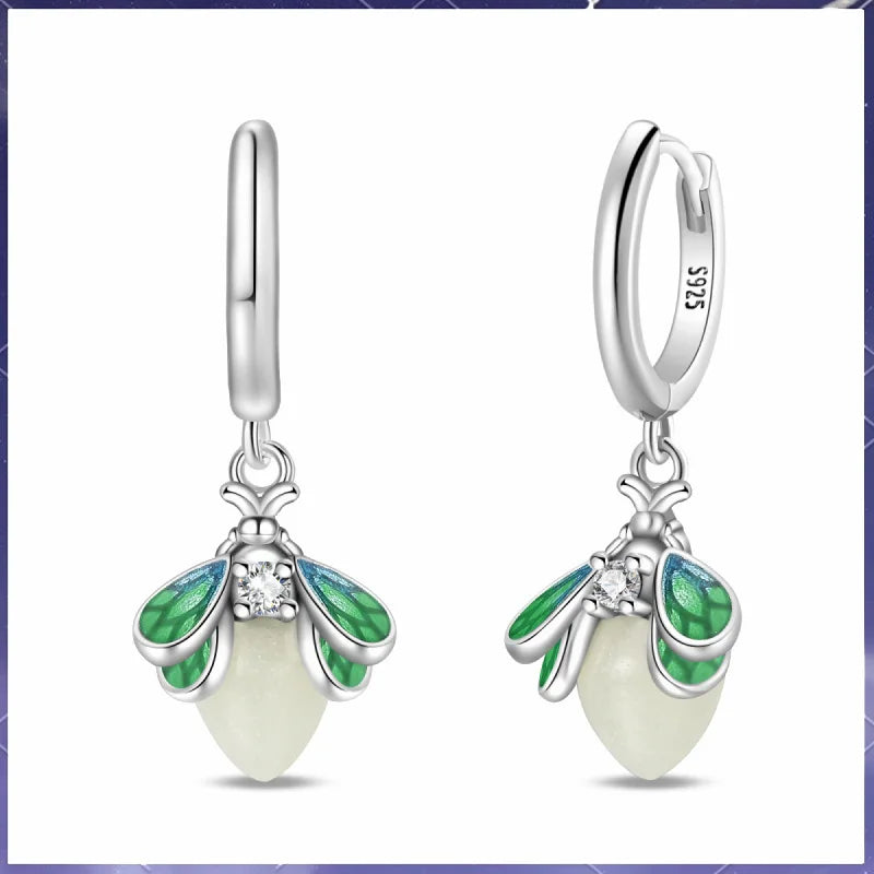 New 925 sterling silver glowing green firefly earrings