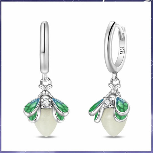 New 925 sterling silver glowing green firefly earrings