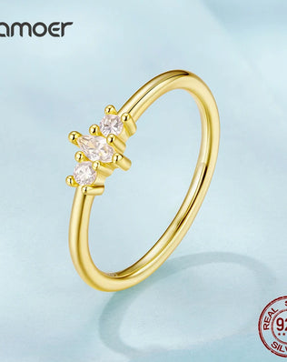 BAMOER 925 Sterling Silver, Gold Plated Ring With  Marquise Style CZ, Stackable Rings