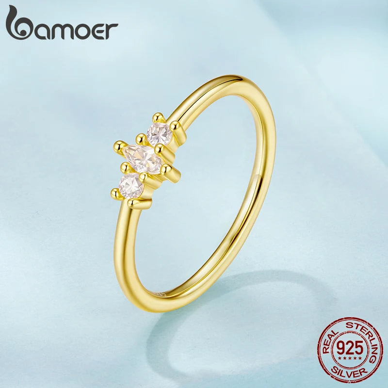 BAMOER 925 Sterling Silver, Gold Plated Ring With  Marquise Style CZ, Stackable Rings