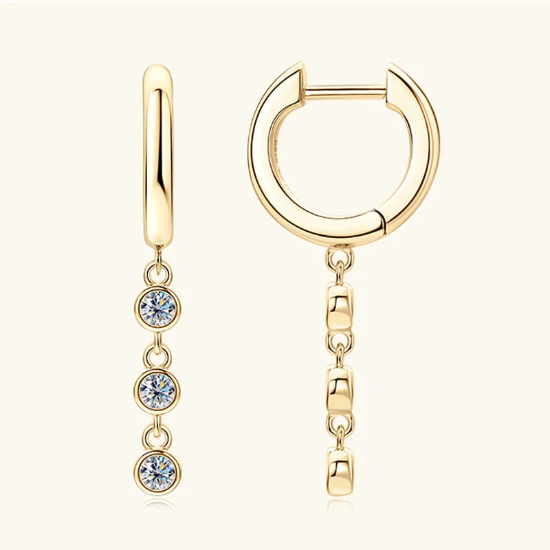 Elegant, Round Cut Moissanite Drop Earrings. 925 Sterling Silver, Plated with 18k Yellow or White Gold