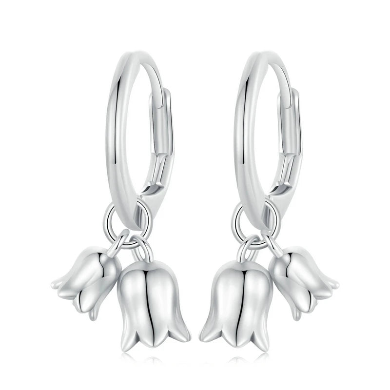 925 Sterling Silver Lily of the Valley Flower Hoop Drop Earrings