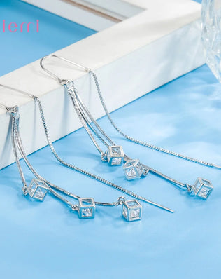 925 Sterling Silver Jewelry New Fashion Hot Sale Square Cube Cubic Zircon Stone Tassel Pendientes Earrings for Women Girls