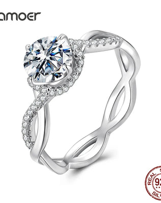 BAMOER 925 Sterling Silver Twist Solitaire Ring with 1CT Moissanite Diamond and Tiny Pave Set CZs
