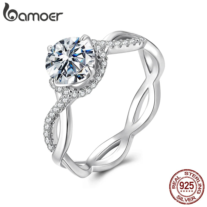BAMOER 925 Sterling Silver Twist Solitaire Ring with 1CT Moissanite Diamond and Tiny Pave Set CZs