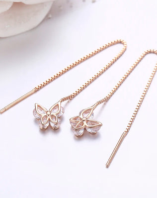 Cute 925 Sterling Silver Rose Gold Color CZ Butterfly Theader Through Chain Tassels Drop Dangle Earrings For Women Girls Jewelry