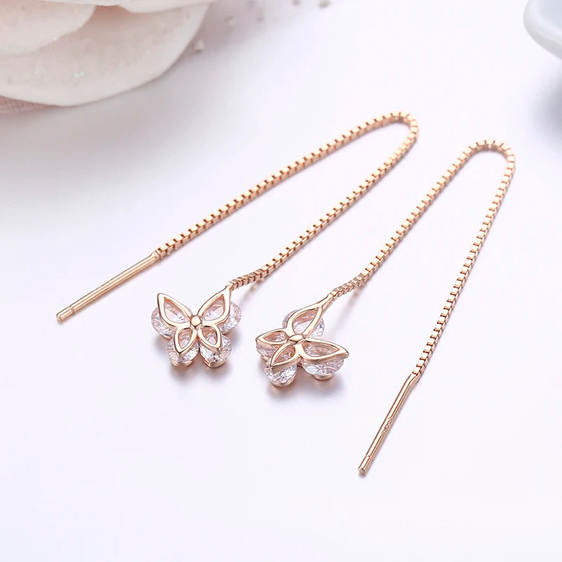 Cute 925 Sterling Silver Rose Gold Color CZ Butterfly Theader Through Chain Tassels Drop Dangle Earrings For Women Girls Jewelry