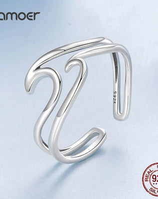 BAMOER 925 Sterling Silver Ocean Wave Curved Double-layer Ring, Minimalist Fine Jewellery