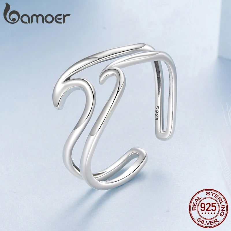 BAMOER 925 Sterling Silver Ocean Wave Curved Double-layer Ring, Minimalist Fine Jewellery