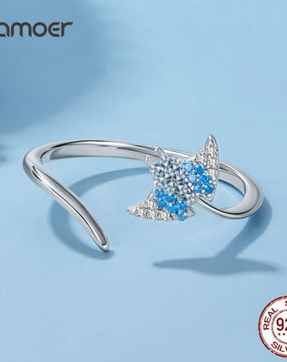 BAMOER 925 Sterling Silver Stacking Ring, With Manta Ray in CZs, Adjustable, Open Ring