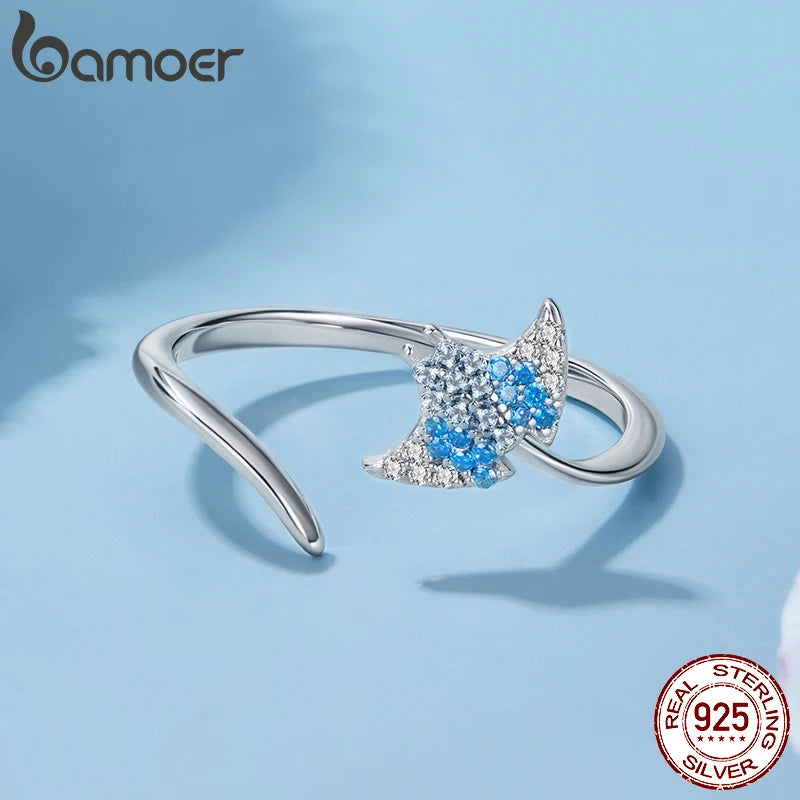 BAMOER 925 Sterling Silver Stacking Ring, With Manta Ray in CZs, Adjustable, Open Ring