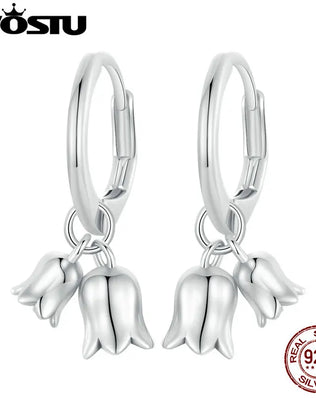 925 Sterling Silver Lily of the Valley Flower Hoop Drop Earrings