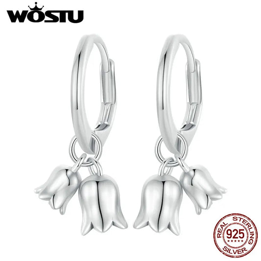 925 Sterling Silver Lily of the Valley Flower Hoop Drop Earrings