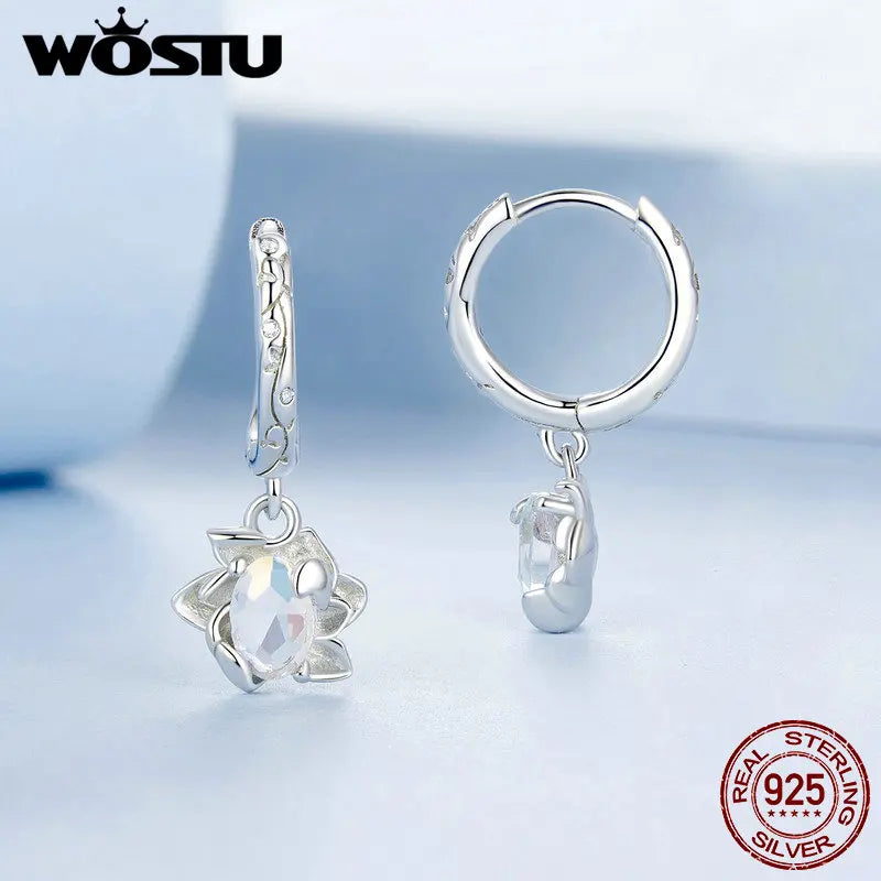 WOTSU Rainbow Crystal Lotus Drop Earrings in S925 Sterling Silver, Plated with White Gold