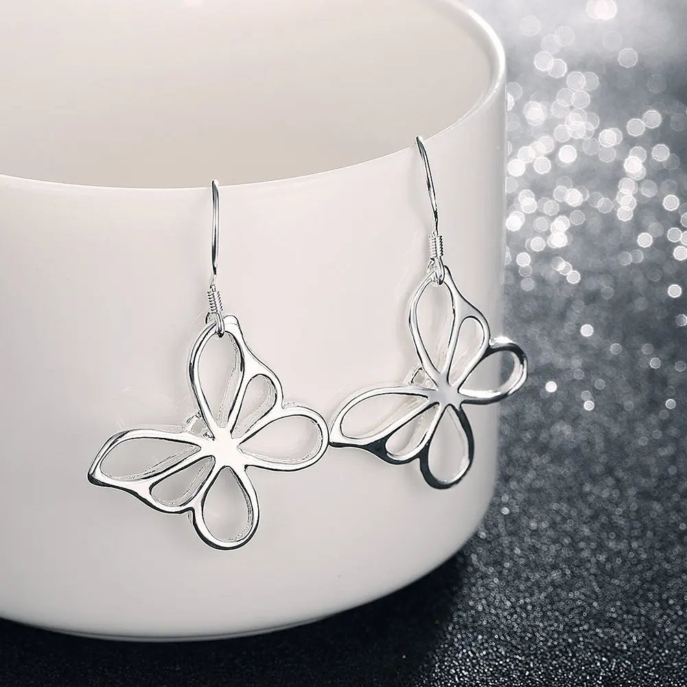 Pretty 925 Sterling Silver Openwork Butterfly Earrings, Simple, Minimalist