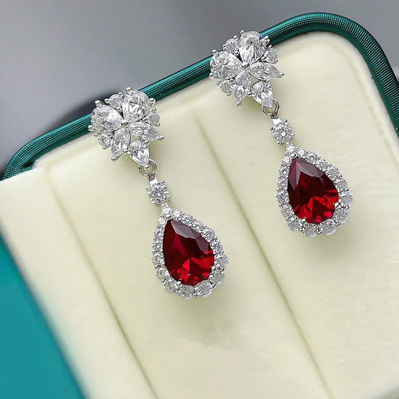 925 Silver Red Cubic Zirconia Hanging Earrings for Women Gorgeous Ear Accessories Wedding Party Aesthetic Earrings New Jewelry