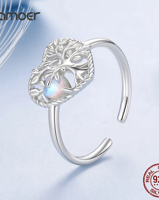 BAMOER 925 Filigree Heart-Shaped Tree of Life Open Ring, with Moonstone