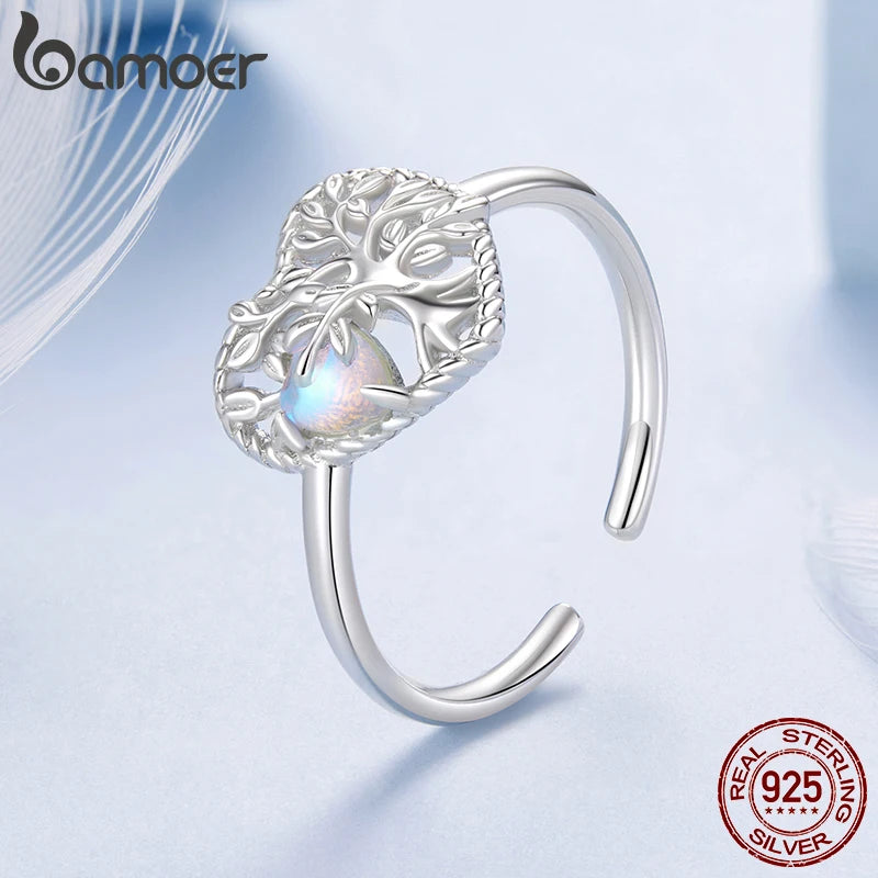 BAMOER 925 Filigree Heart-Shaped Tree of Life Open Ring, with Moonstone