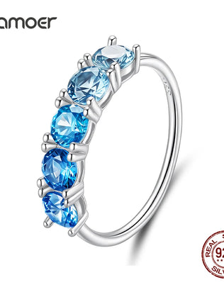 BAMOER 925 Sterling Silver Half Eternity Band, White Gold Plated, With Transparent Sea Blue Paved CZ