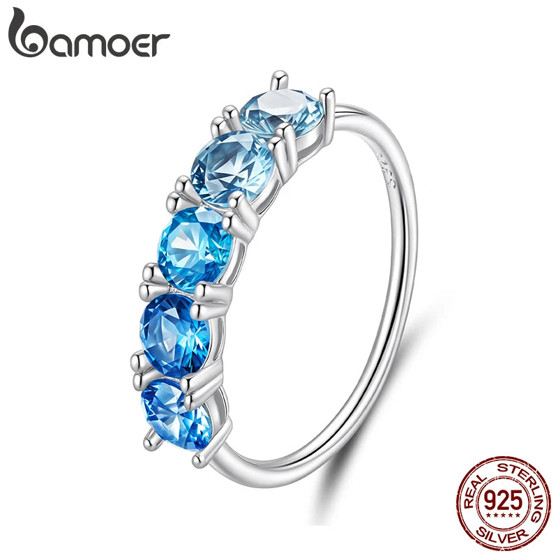 BAMOER 925 Sterling Silver Half Eternity Band, White Gold Plated, With Transparent Sea Blue Paved CZ
