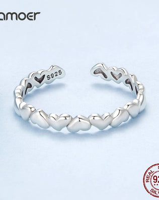 BAMOER 925 Sterling Silver Heart Ring, Adjustable, Stackable, Minimalist Fine Jewellery
