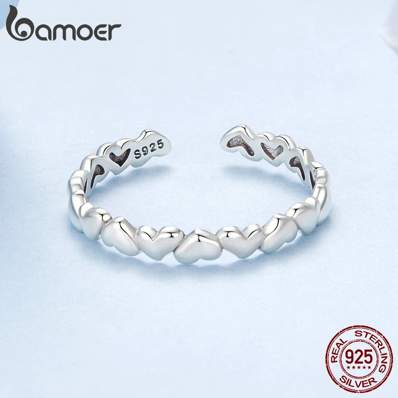 BAMOER 925 Sterling Silver Heart Ring, Adjustable, Stackable, Minimalist Fine Jewellery