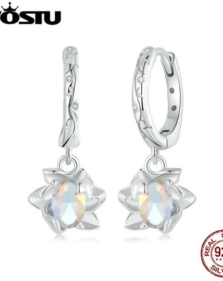 WOTSU Rainbow Crystal Lotus Drop Earrings in S925 Sterling Silver, Plated with White Gold